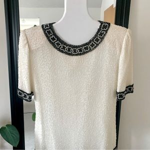Laurence Kazar Vintage Silk Beaded Black & White Top